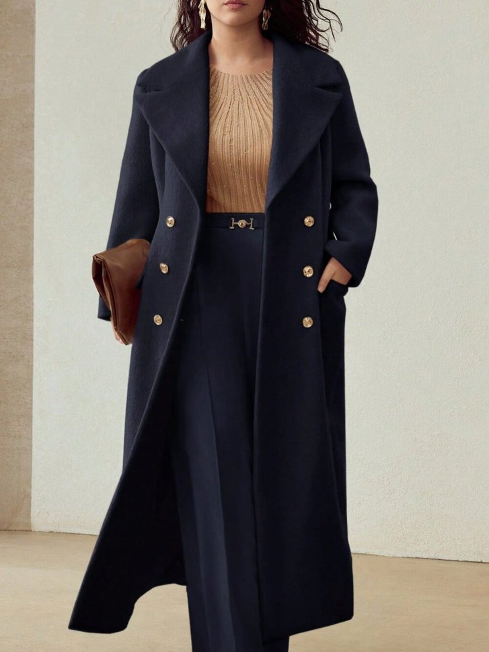 Navy Blue Elegant Women's Plain Loose Lapel Collar Double Button Midi Overcoat